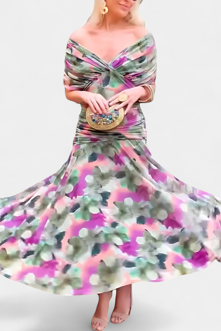 Beautifully printed women's long floral V-neck maxi dress, elegant and flowing for warm weather.