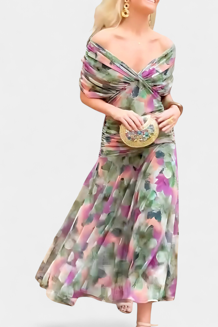 Sophisticated women's long floral V-neck maxi dress, elegant flowing style for special occasions.
