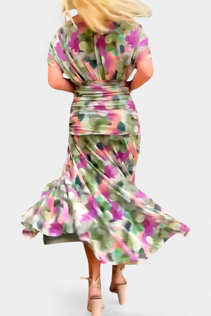 High-quality women's long floral V-neck maxi dress, elegant and flowing, perfect for any summer event.
