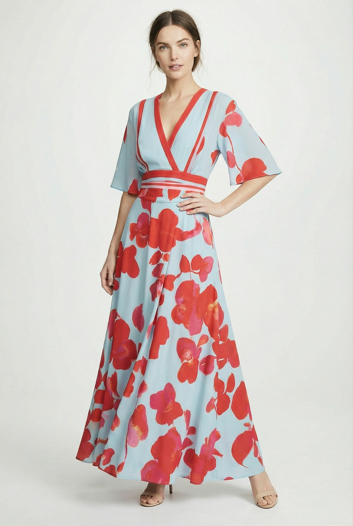 Elegant women's long maxi dress with sophisticated sleeves, perfect for formal events.