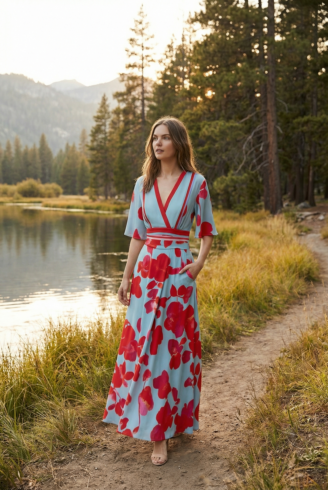 A sophisticated women's formal maxi dress in timeless style, showcasing elegant sleeve details.