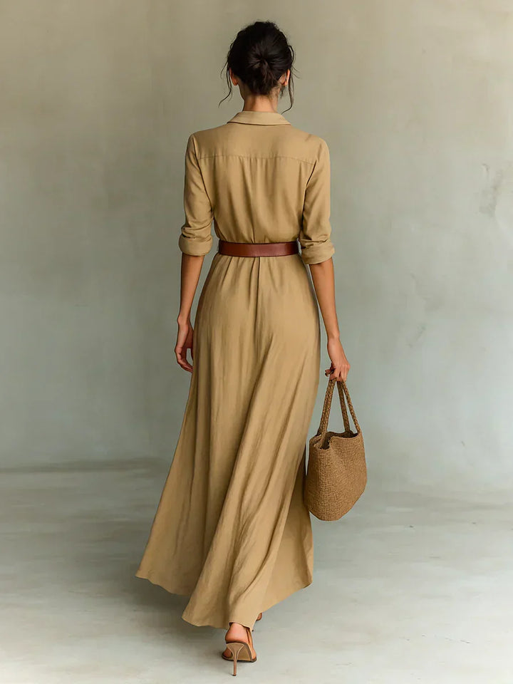 Fashionable women's long sleeve maxi dress with a flattering wrap design & belt. Suitable for elegant or casual wear.