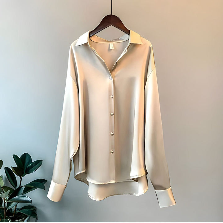 Champagne women's long sleeve blouse for versatile office wear or casual elegant fashion. All-season sophisticated top.