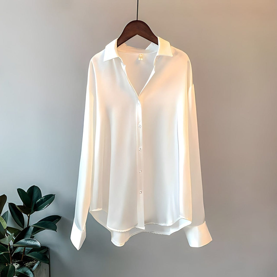 Sophisticated gray-green women's long sleeve blouse. Elegant vintage style for versatile office, casual, or all-season wear.