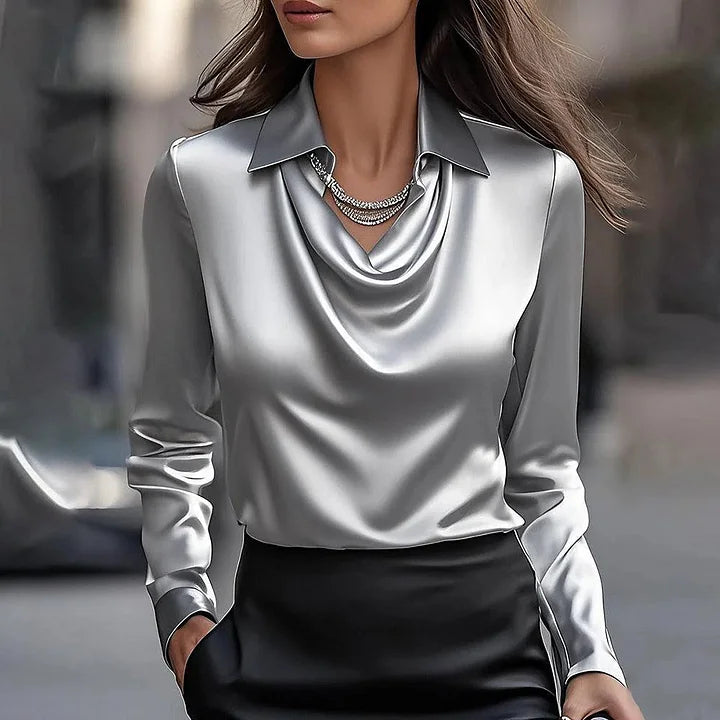Sophisticated women's blouse with elegant draped neckline. A timeless long sleeve top for work & evening wear.