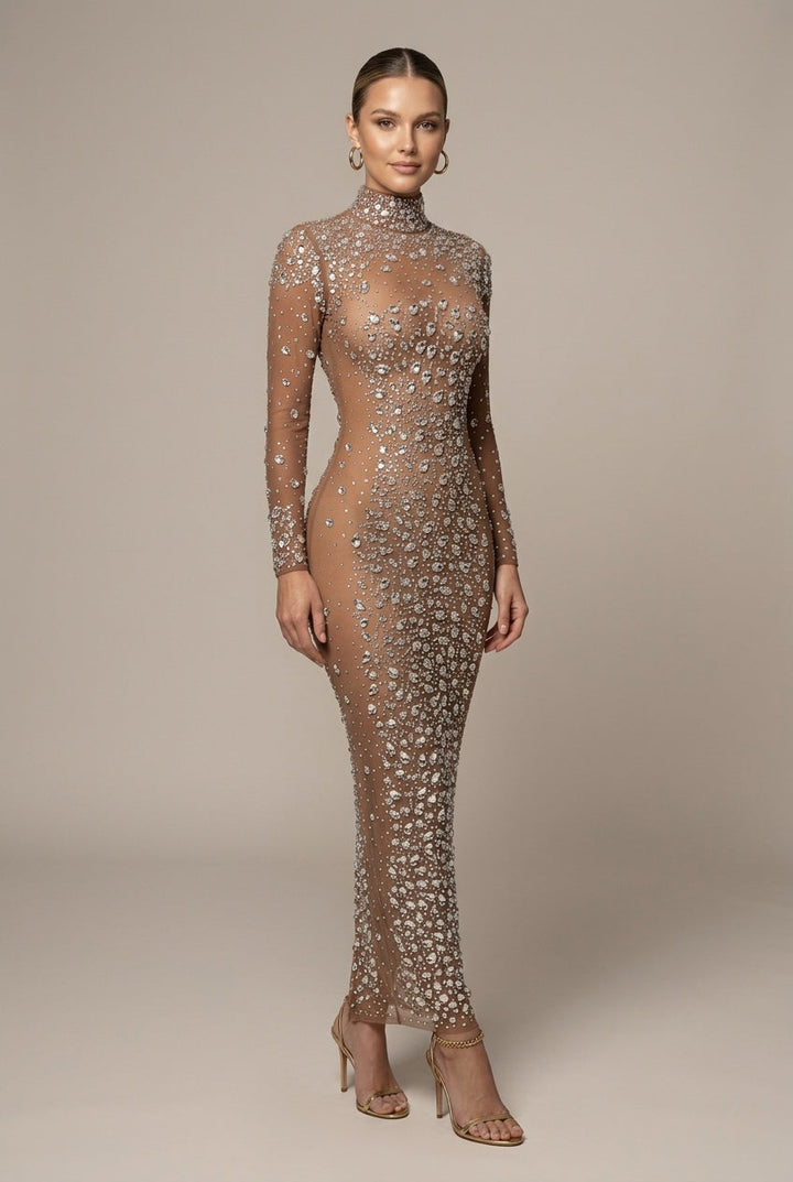 Elegant women's long sleeve bodycon maxi dress with sparkling rhinestones. Perfect for evening & formal events.
