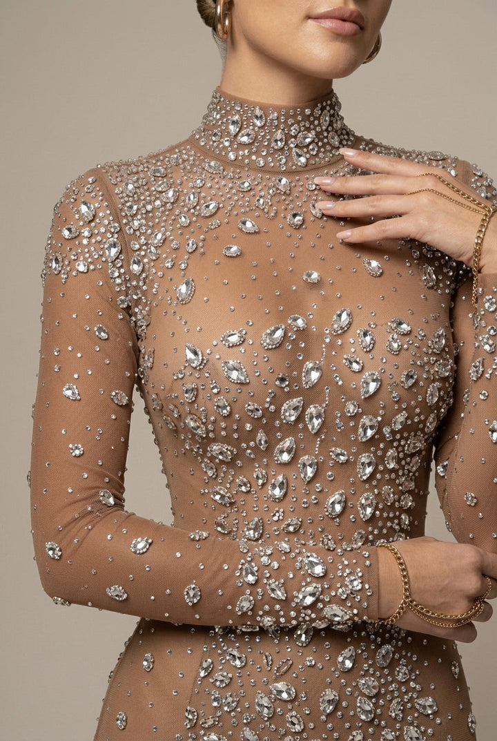 Glamorous rhinestone evening gown for women, a long sleeve high neck bodycon maxi dress for special occasions.