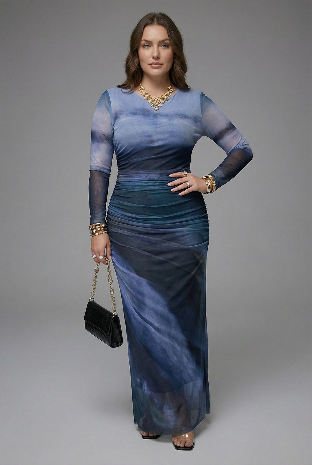 Flattering bodycon maxi dress in a long sleeve design, showcasing women's fashion