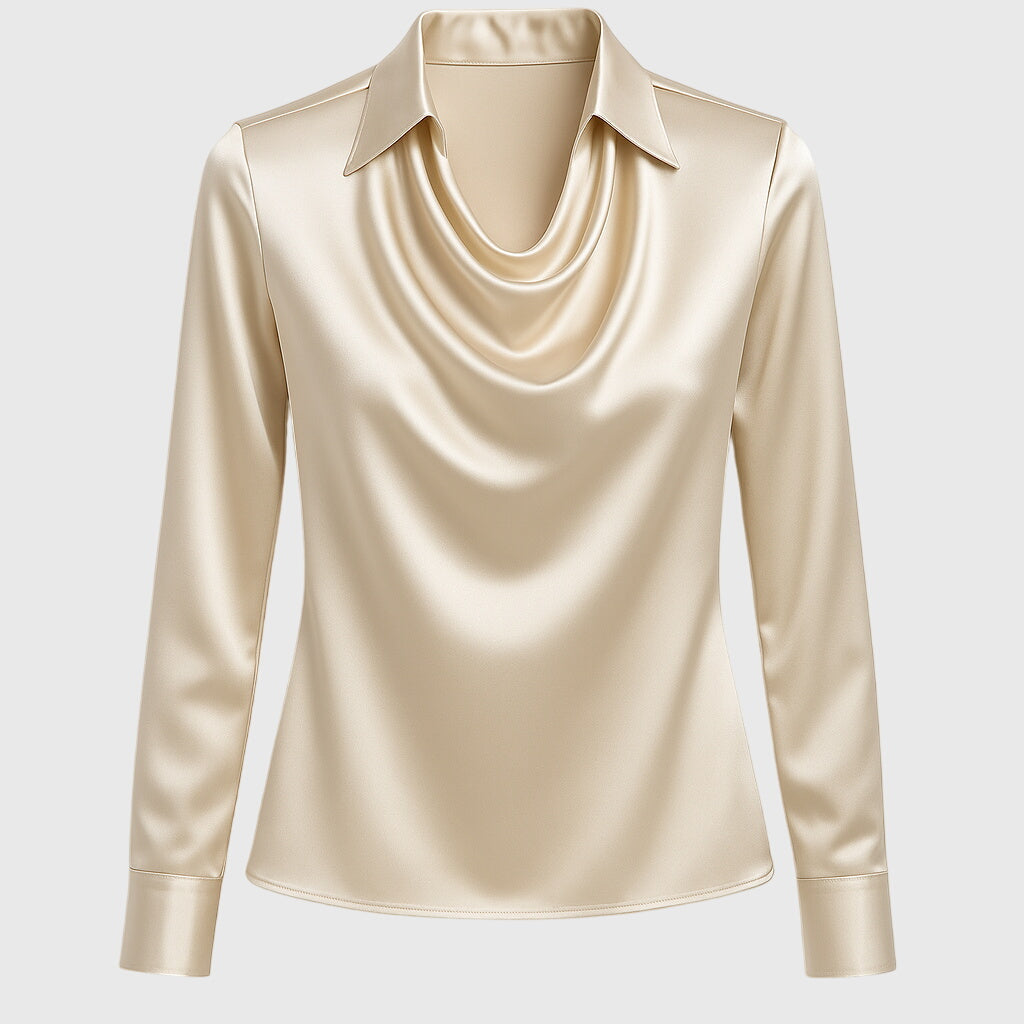 Women's elegant long sleeve collared blouse, featuring a comfortable relaxed fit for versatile, chic everyday wear.