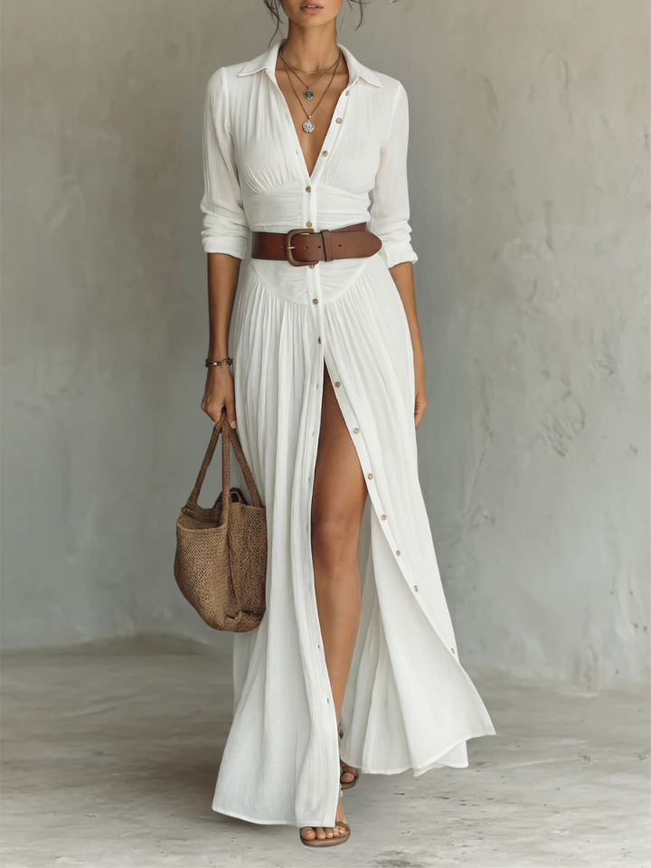 Elegant women's long sleeve collared maxi dress, perfect for formal events, workwear, or modest fashion.