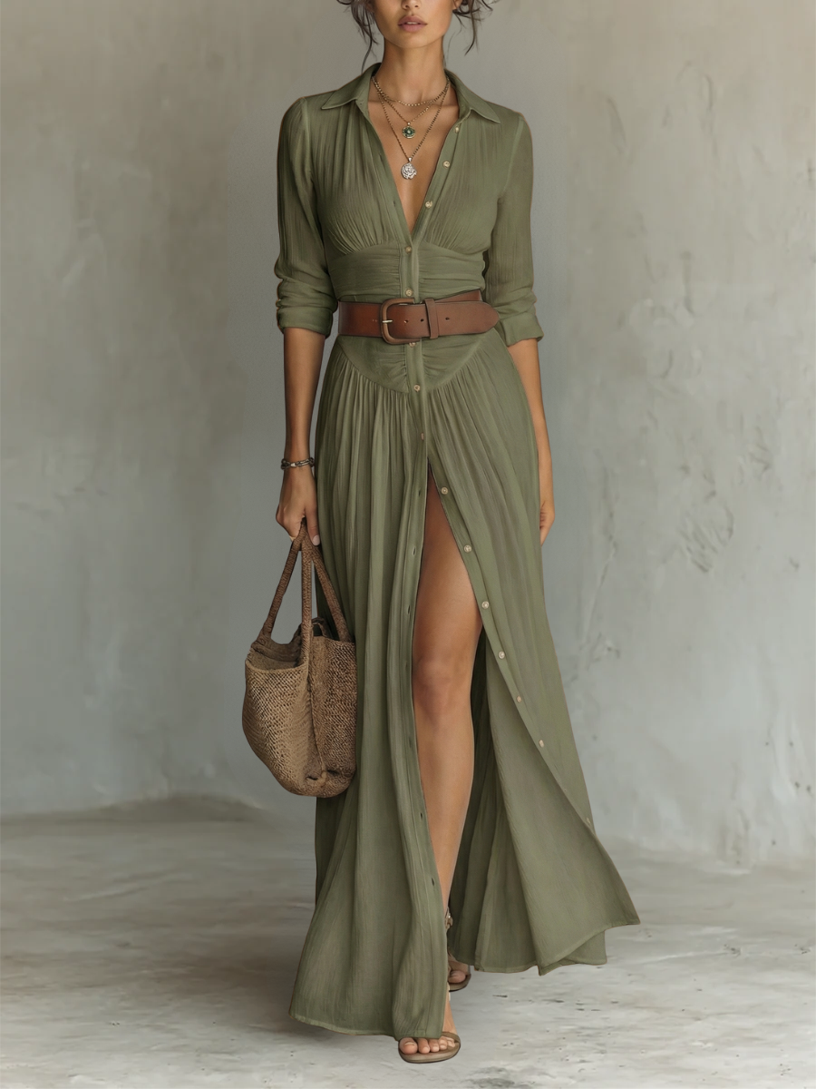 Stylish women's long sleeve collared maxi dress in a flattering silhouette, suitable for various occasions.