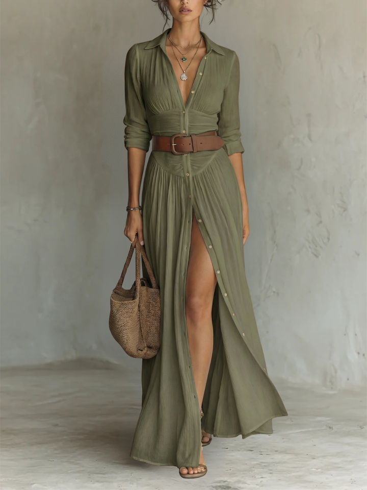 Stylish women's long sleeve collared maxi dress in a flattering silhouette, suitable for various occasions.