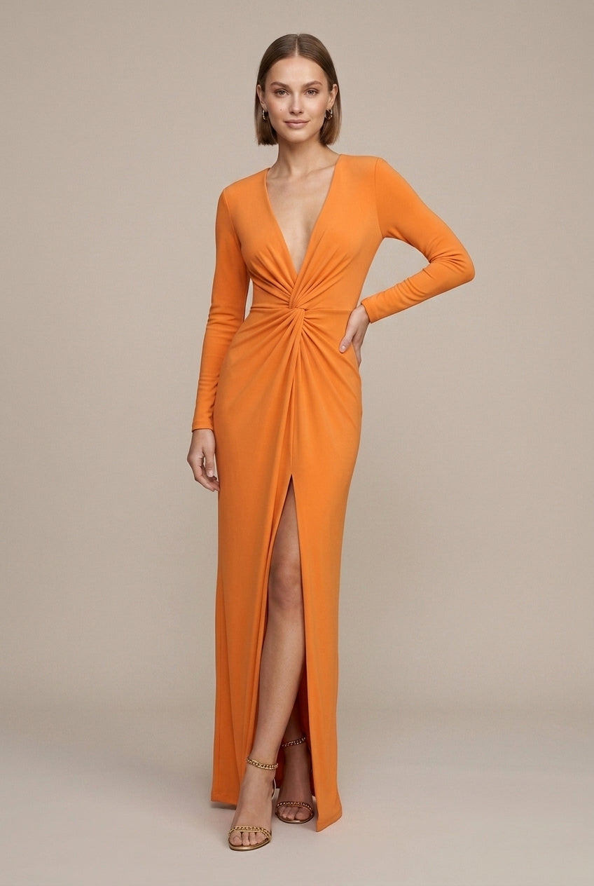 Chic women's evening dress: long sleeve, deep V-neck, flattering twist waist, and high front slit design.