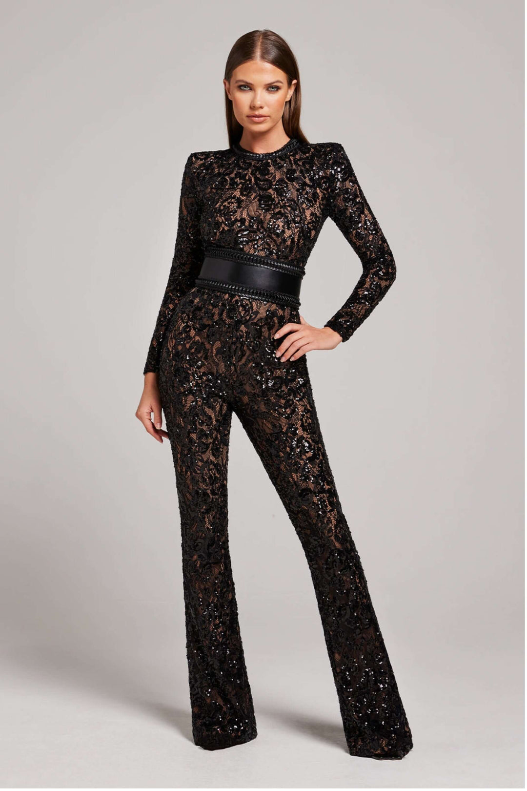 Elegant women's long sleeve fitted jumpsuit, perfect for evening wear & formal occasions.