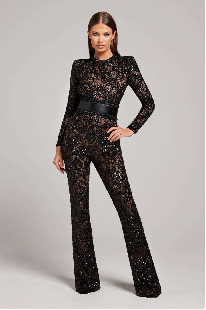 Elegant women's long sleeve fitted jumpsuit, perfect for evening wear & formal occasions.