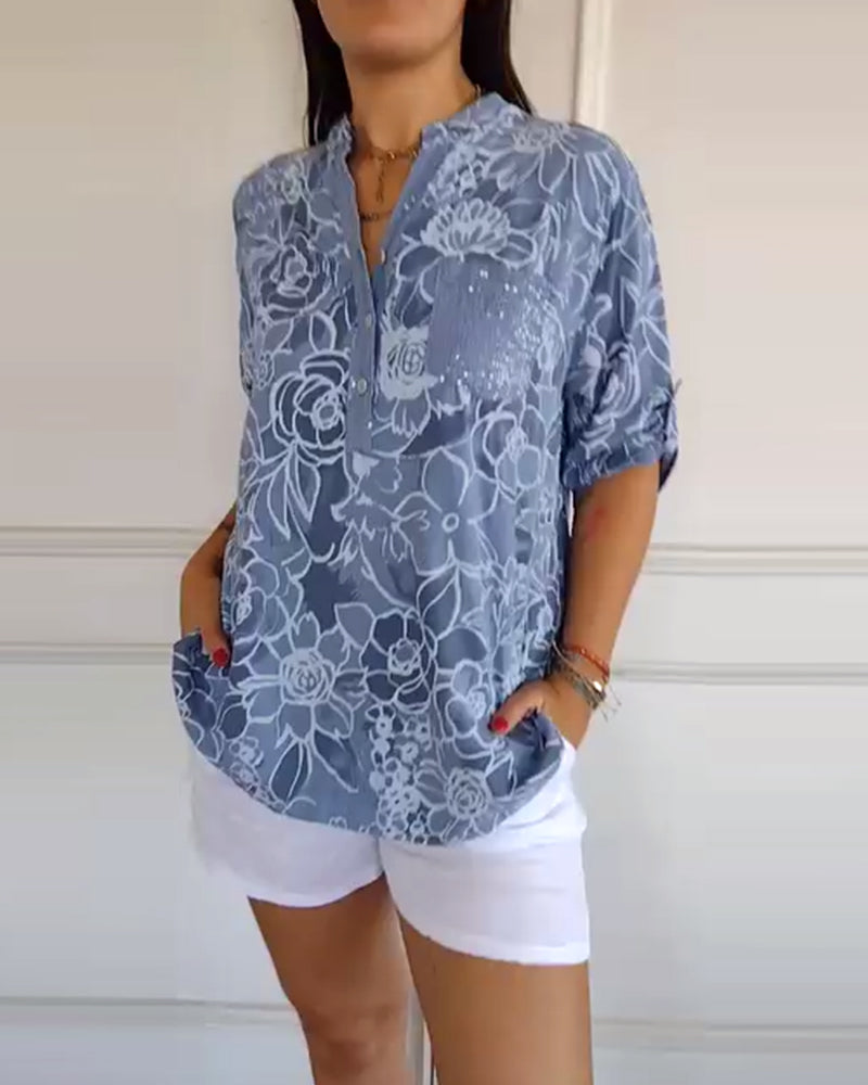 Elegant women's long sleeve floral blouse. Sophisticated white top, versatile fashion.
