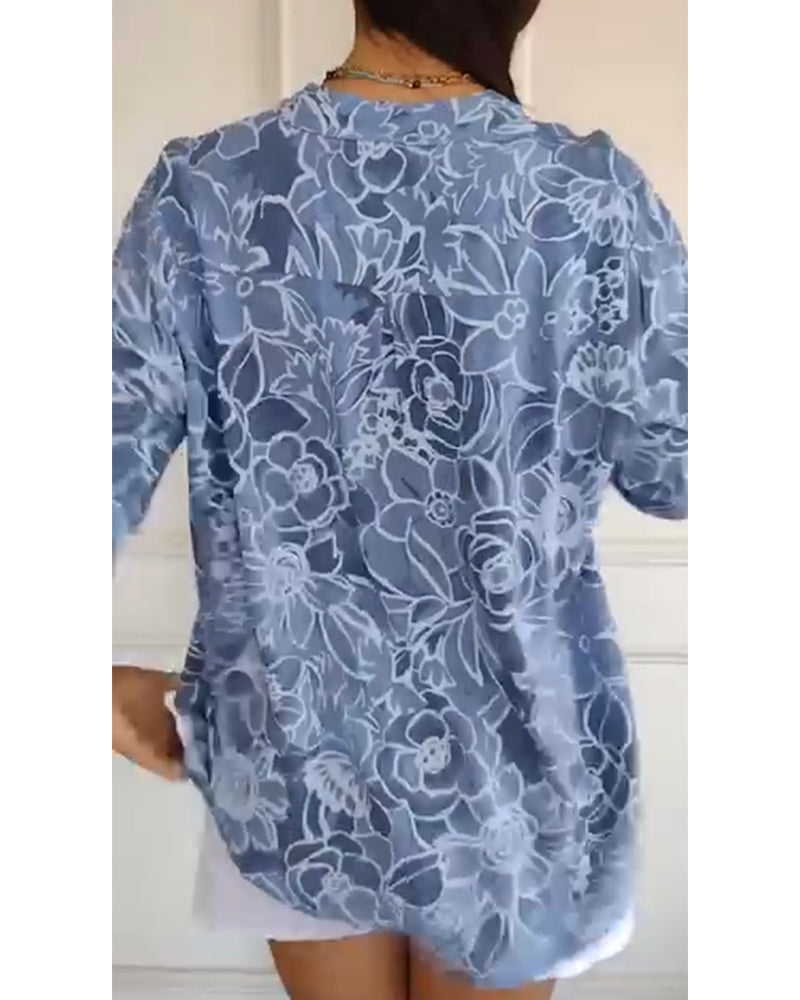 Summer-ready white floral blouse. Women's elegant long sleeve top for light comfort & style.