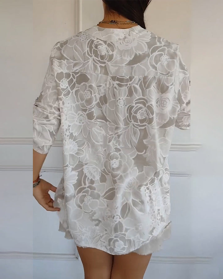 Light blue floral blouse, elegant long sleeve top for women. Perfect spring/summer style.