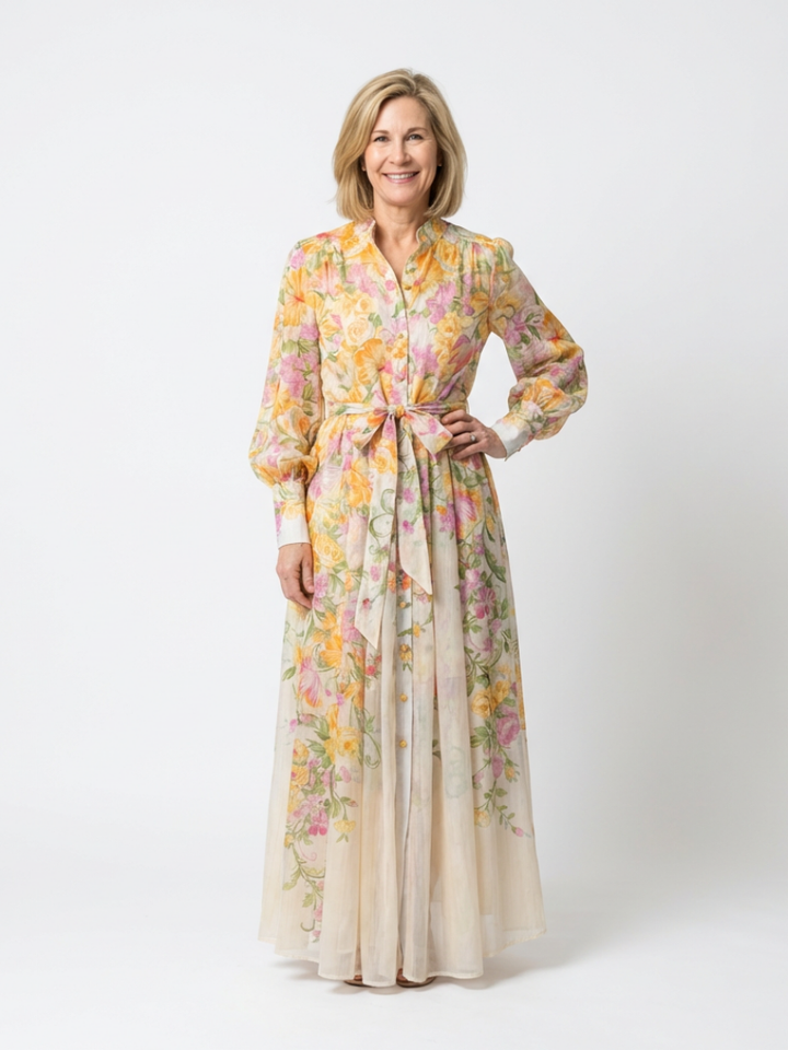 Elegant women's long sleeve floral maxi dress with a flowing silhouette, perfect for spring & summer fashion.