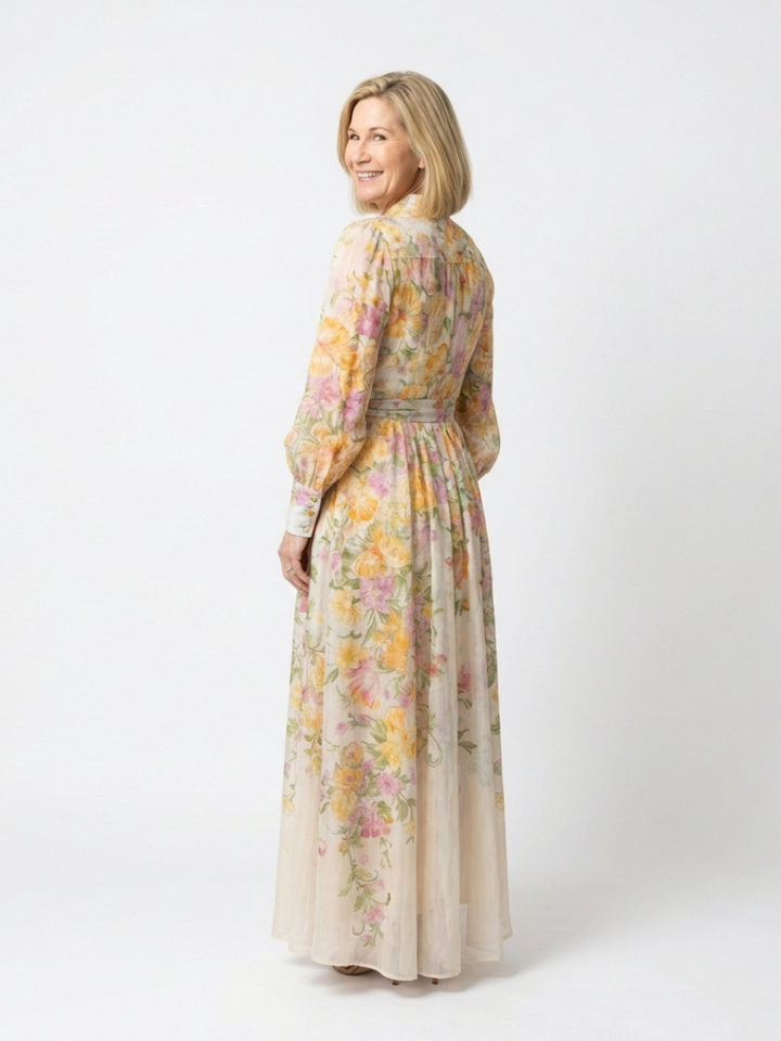 Women's botanical print long sleeve maxi dress, featuring an elegant & flowy design for casual or special occasions.
