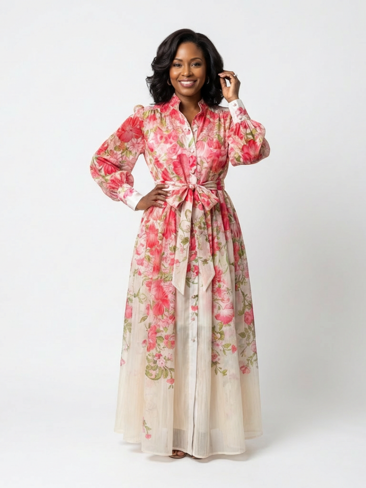 Comfortable & elegant women's long sleeve floral maxi dress with a botanical print, perfect for everyday or events.