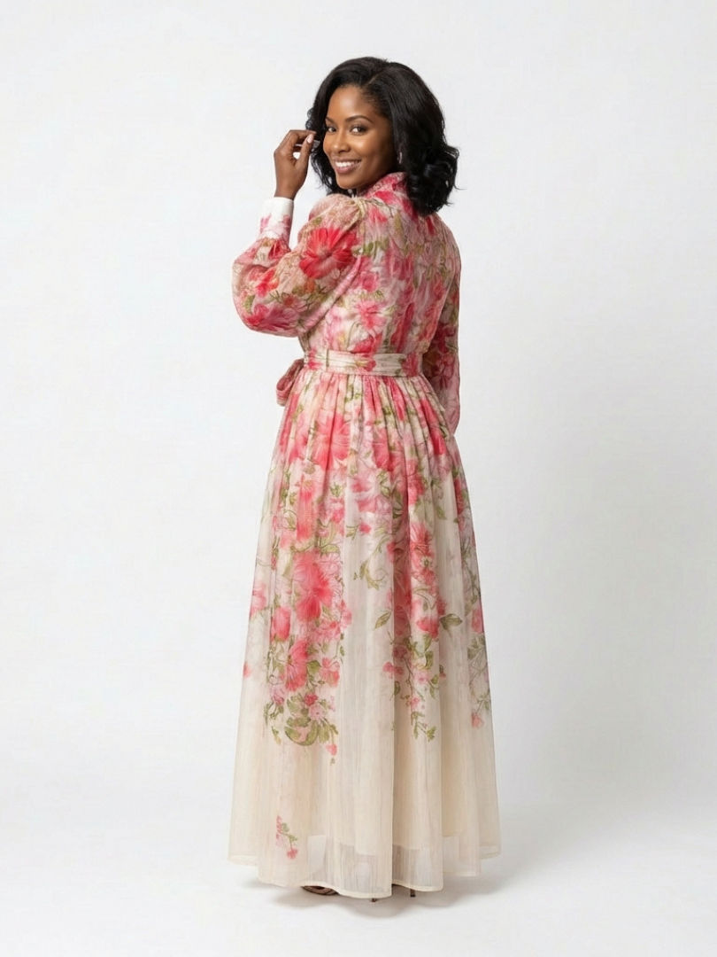 Beautiful botanical print women's long sleeve maxi dress, elegant and flowy, suitable for spring/summer fashion.