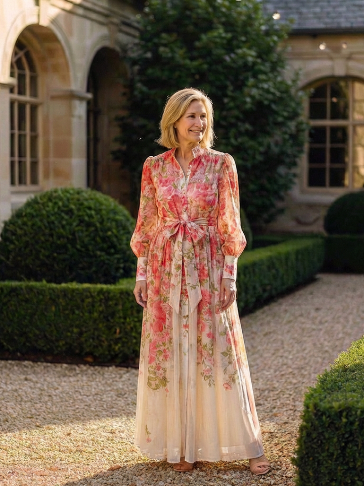 Elegant long sleeve floral maxi dress for women, a flowy botanical print design perfect for spring and summer events.