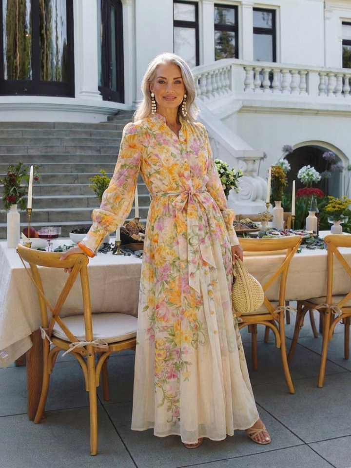 Women's elegant long sleeve floral maxi dress with botanical print. Flowy, comfortable, perfect for spring/summer fashion.