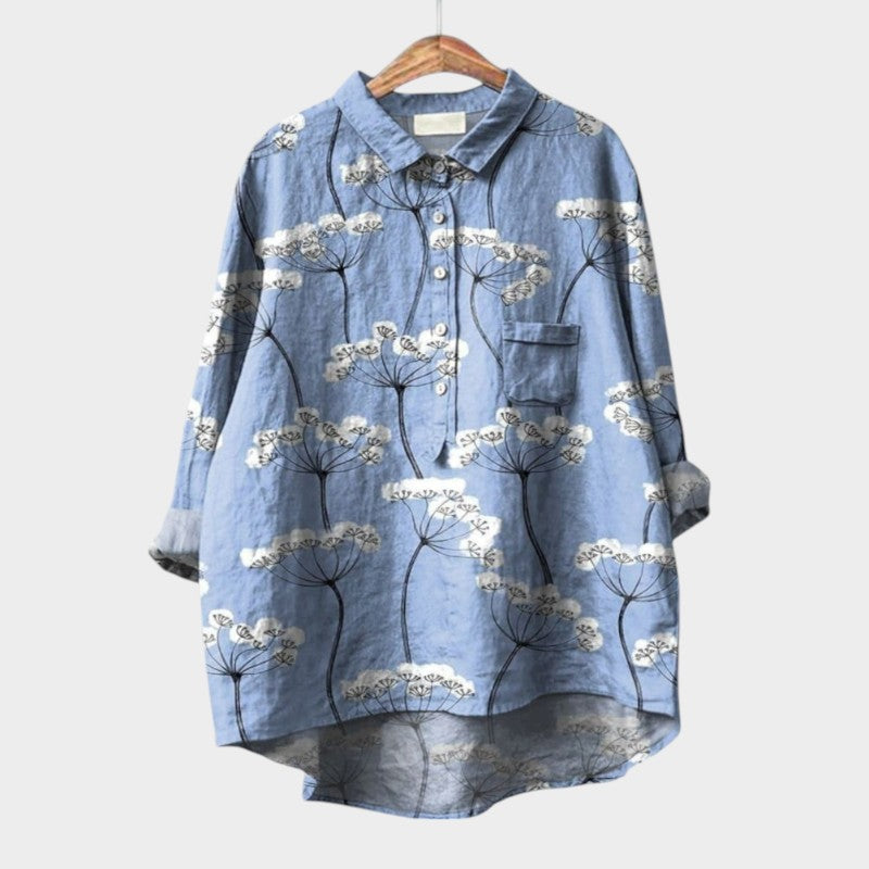 Elegant women's long-sleeve floral print blouse, perfect for office or casual summer fashion.