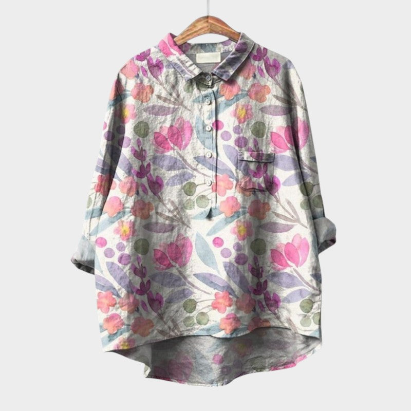 Versatile floral print button-down blouse for women, stylish & comfortable for any occasion.