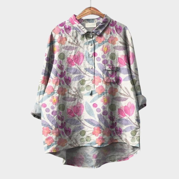 Versatile floral print button-down blouse for women, stylish & comfortable for any occasion.