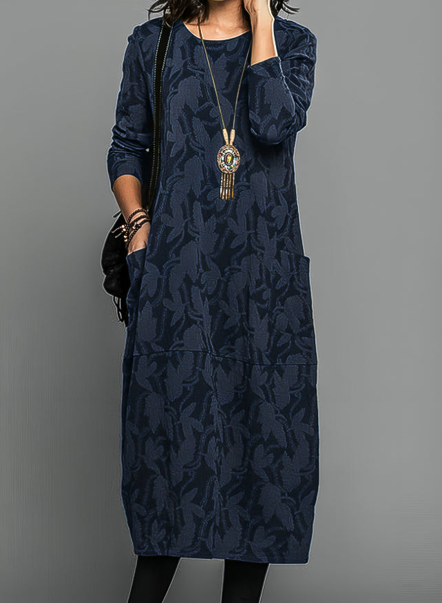 Versatile women's printed long-sleeve maxi dress. Elegant day to night fashion with a flowy design.