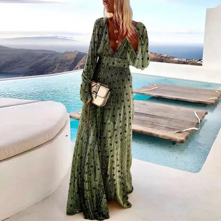 Elegant women's long sleeve maxi dress with deep V-neck, flowy skirt, perfect for vacation or chic summer style.