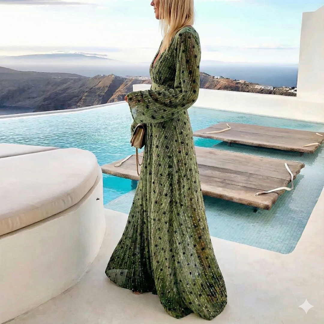 Chic green long sleeve maxi dress for women, featuring a deep V-neck and relaxed, flowy bohemian fit.