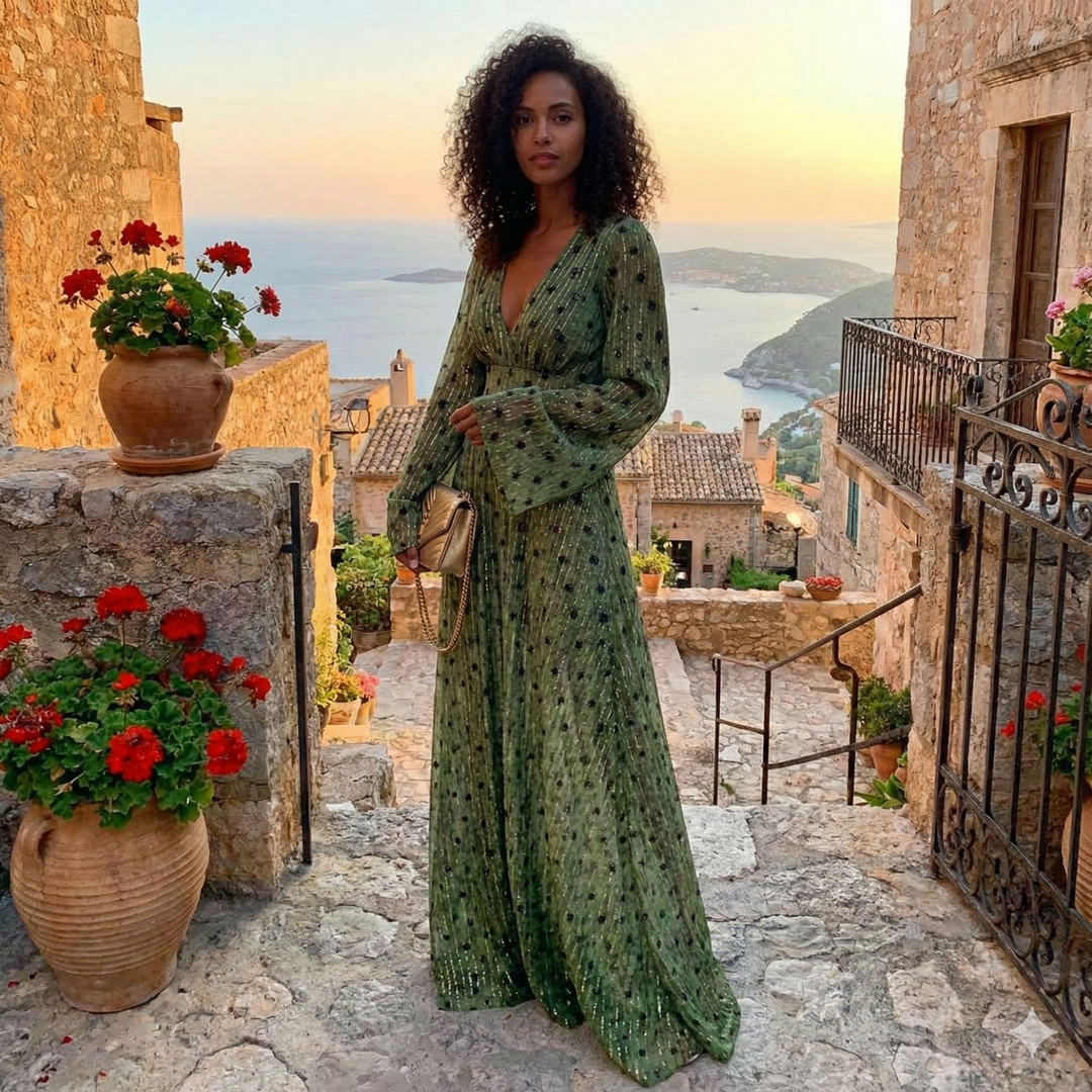 Flowy long sleeve deep V-neck maxi dress, elegant and comfortable for women's vacation fashion or summer events.