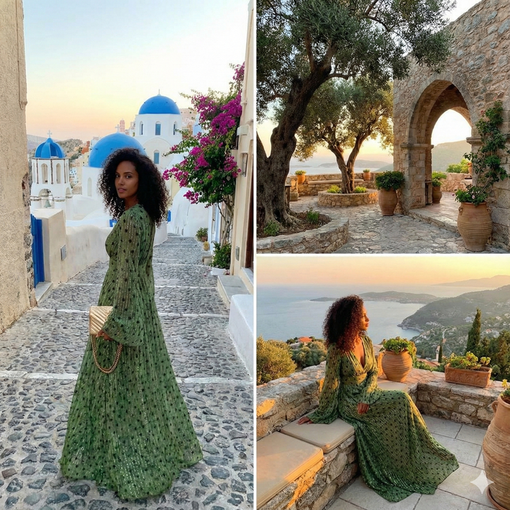 Stylish women's deep V-neck long sleeve maxi dress, relaxed fit, elegant and bohemian for summer and vacation.