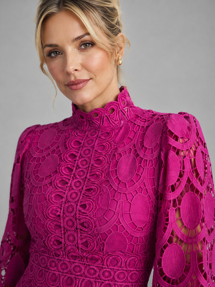 Sophisticated women's tailored long sleeve midi dress in a classic style for formal parties & evening events.