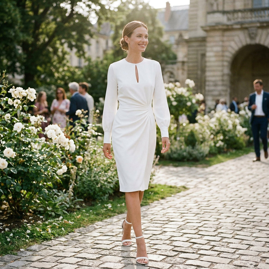 Formal women's wedding guest dress with elegant long sleeves and a flattering midi length.