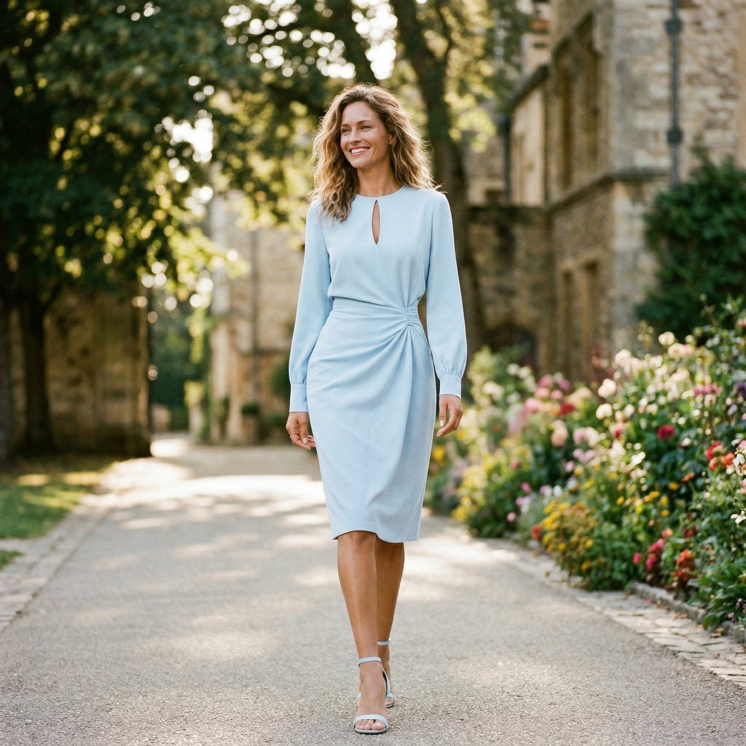 Chic women's midi dress with long sleeves, suitable for special occasions and cocktail events.