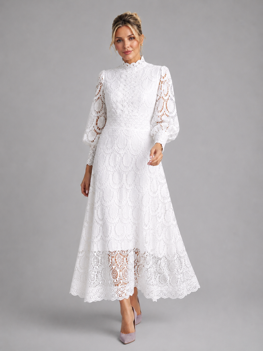 Formal women's midi dress with long sleeves & tailored fit, perfect for wedding guest attire & special occasions.