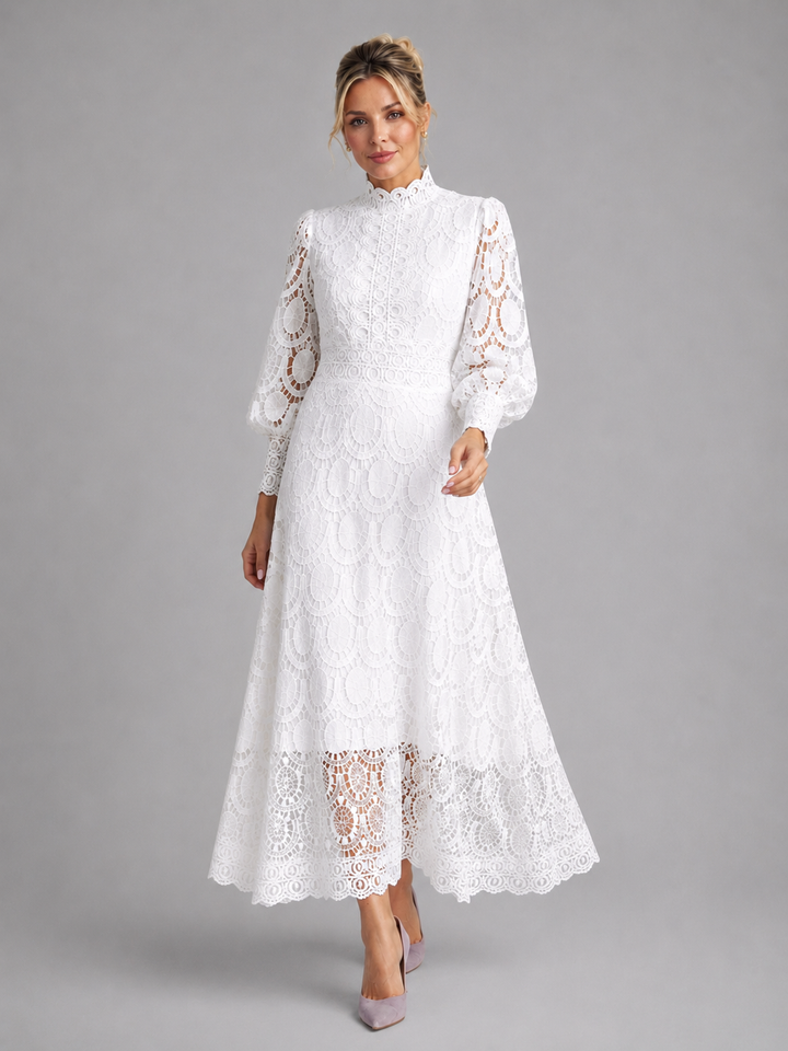 Formal women's midi dress with long sleeves & tailored fit, perfect for wedding guest attire & special occasions.