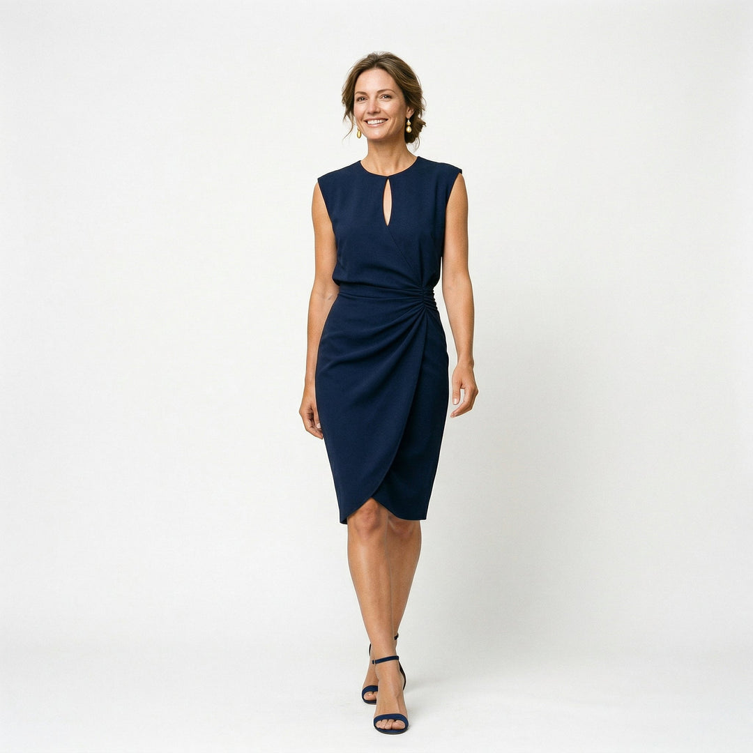 Modern women's fashion: elegant long sleeve midi dress, perfect for formal and special occasions.