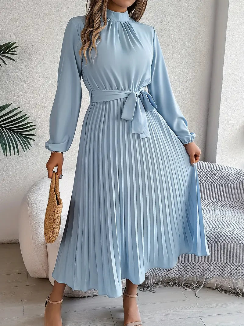 Elegant women's long-sleeve midi dress with belted waist, perfect for work or formal events.
