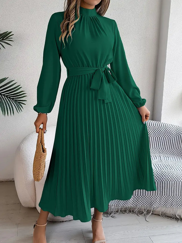 Versatile elegant midi dress, long-sleeve and belted, ideal for workwear or a formal occasion.