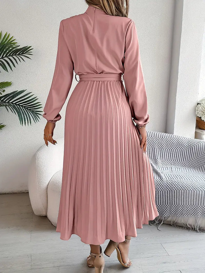 Versatile women's elegant long-sleeve midi dress with a belted waist and classic pleated style.
