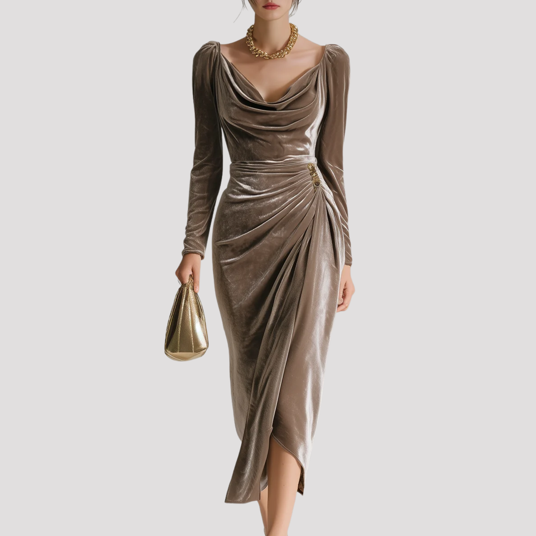 Elegant women's long sleeve midi dress with sophisticated drape, perfect for formal evening wear or special occasions.