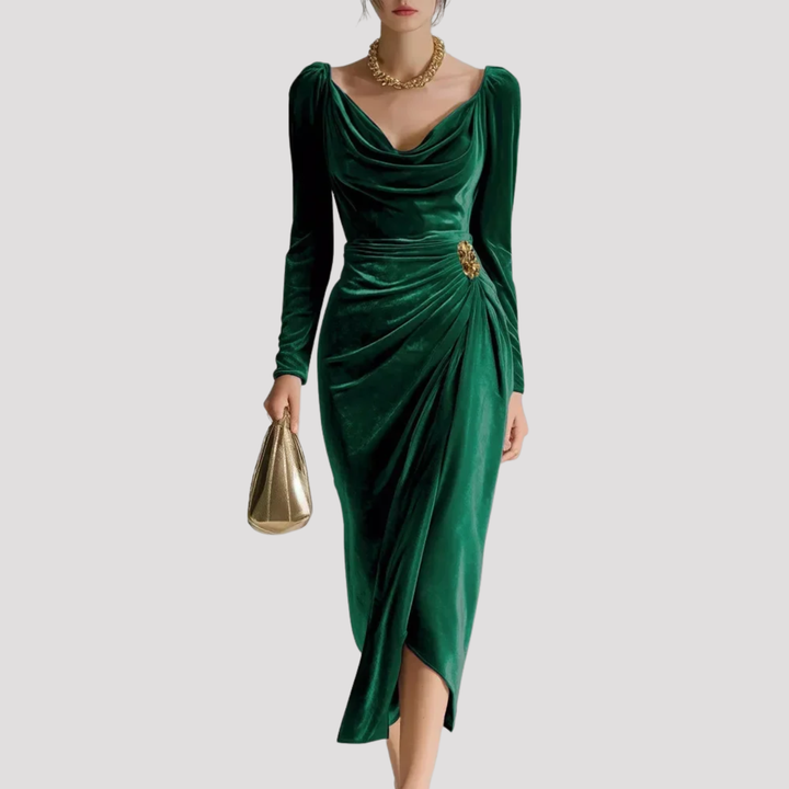 Sophisticated women's midi dress with long sleeves, elegant draping, and a flattering ruched design for evening events.