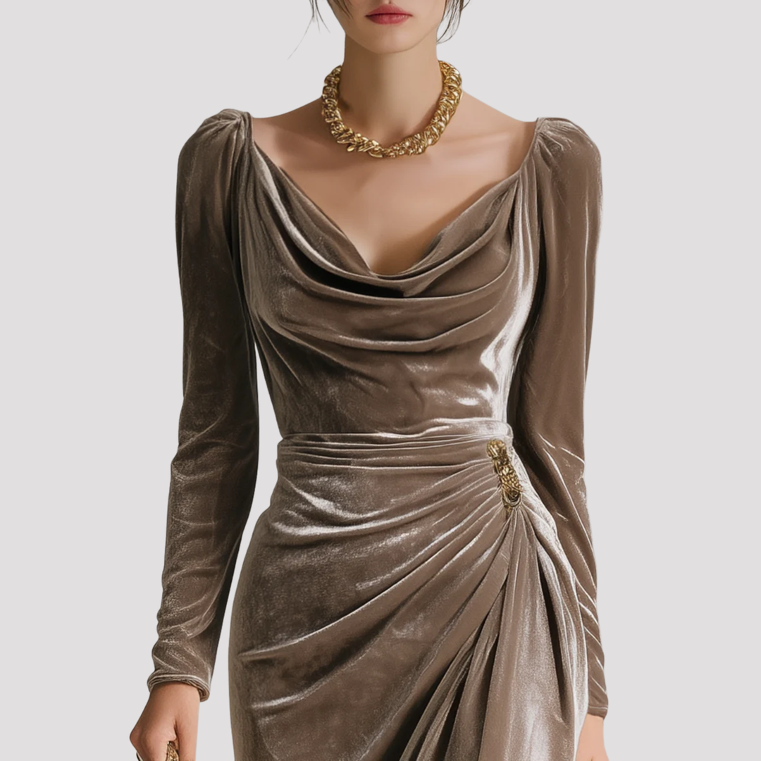 Women's elegant long sleeve midi dress with a unique draped, ruched, and asymmetric design. Perfect for formal wear.