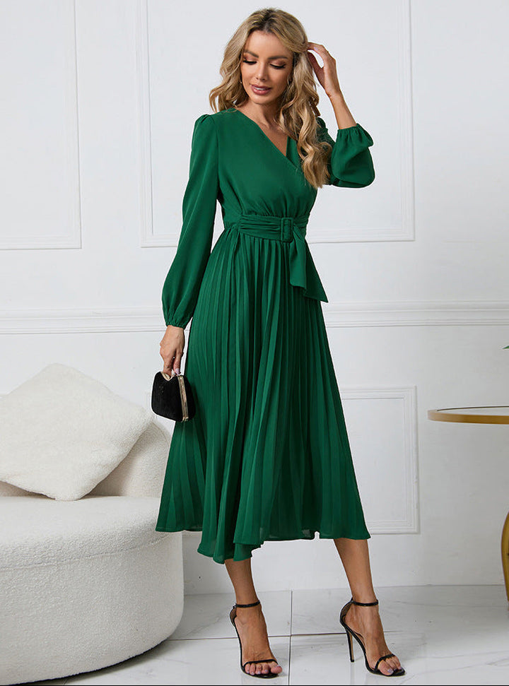 Elegant women's long sleeve midi wedding guest dress, perfect for formal occasions & parties.