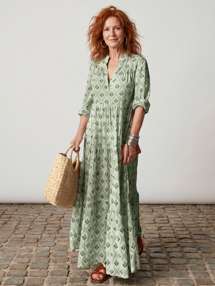 Elegant women's long sleeve printed maxi dress with notch neck, perfect for summer casual or holiday wear.